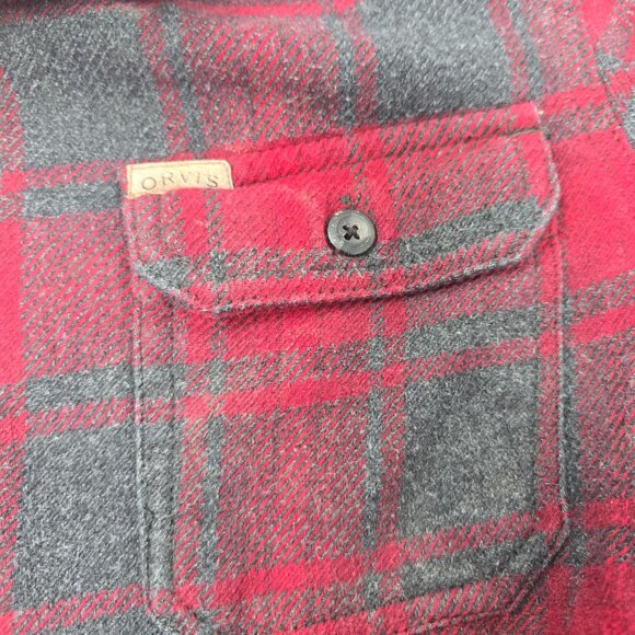 Orvis Men's Plaid Flannel Shirt Medium Red & Gray Heavyweight Cotton Blend - Picture 4 of 7